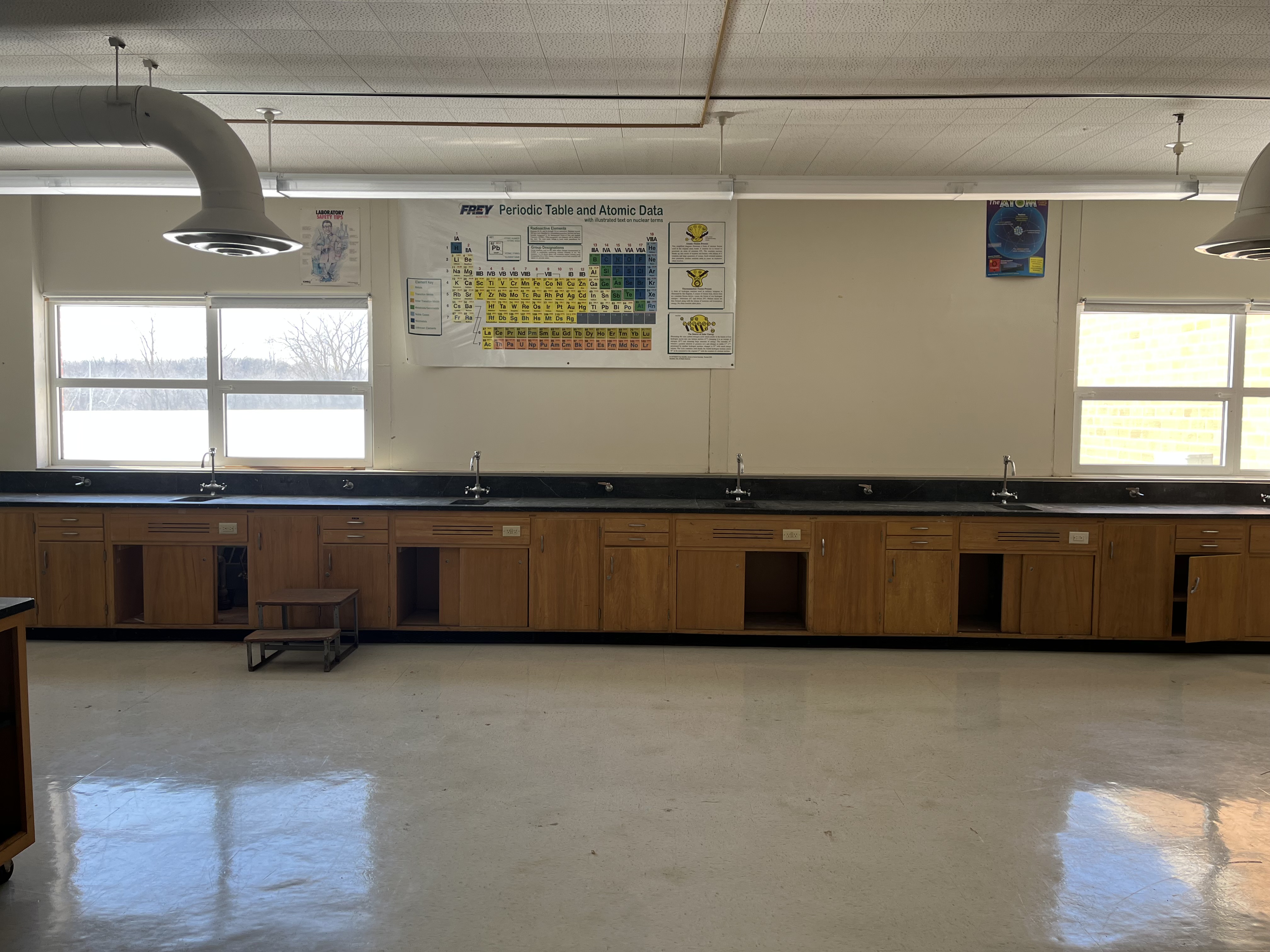 Science lab with periodic table and lab benches